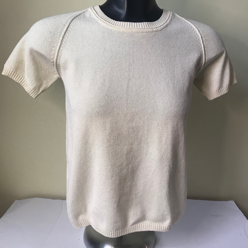 Debbie Shuchat NEW Metallic Knit Ivory Gold Sweater Top Minimalist Neutral Shirt